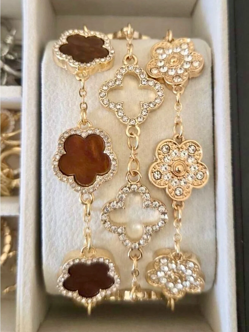 3 Piece Set Luxurious High End Gold Clover Link Bracelet with Rhinestone Accents